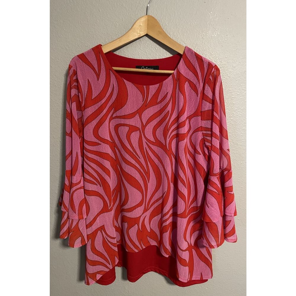 Calessa Womens Tunic Large Red Pink Abstract Stretch Lined Sheer Sleeve Artsy